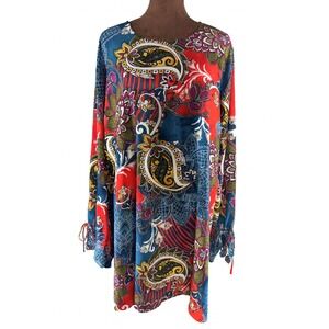 Nygard XL Tunic Top Multicolor Paisley Retro Print Long Sleeve Tie Cuffs‎ EUC